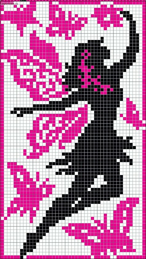 Fairy with butterflies pattern / chart for cross stitch, knitting, knotting, beading, weaving, pixel art, and other crafting projects. Pixel Art Fairy, Knitting Fair Isle, Cross Stitch Knitting, Fair Isle Chart, Butterflies Pattern, Cross Stitch Fairy, Pixel Crochet, C2c Crochet, Pola Kristik