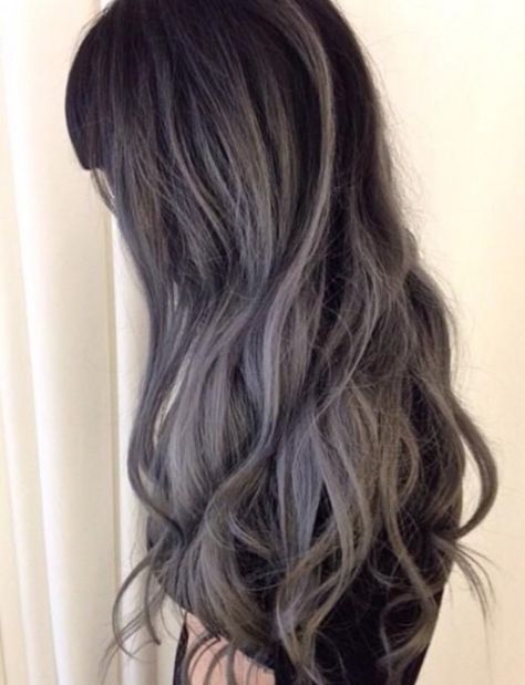 Gunmetal Grey Hair, Frosted Tips, Blonde Lowlights, Gray Balayage, Granny Hair, Balayage Hair Dark, Hair Ombre, Brunette Balayage Hair, Long Dark Hair