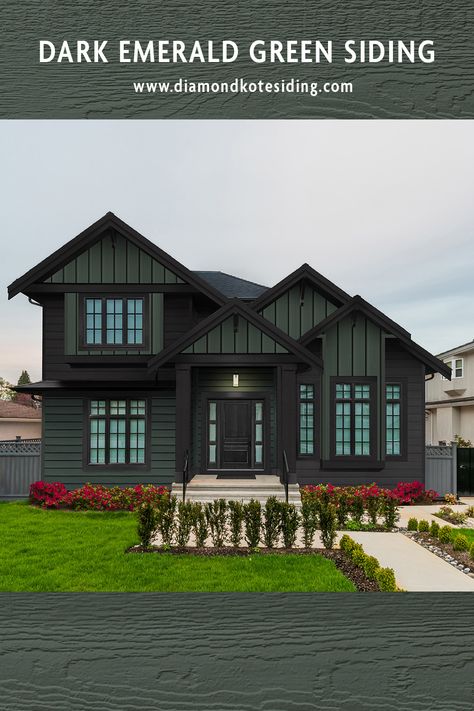 Dark Green Outside House, Dark Outside House Colors, Dark Green And Black Exterior House Colors, Hunter Green House Exterior Black Trim, Emerald Diamond Kote Siding, Olive Green Exterior House Colors Board And Batten, Black Green House Exterior, Dark Green And Brown House Exterior, Olive Green And Black House Exterior