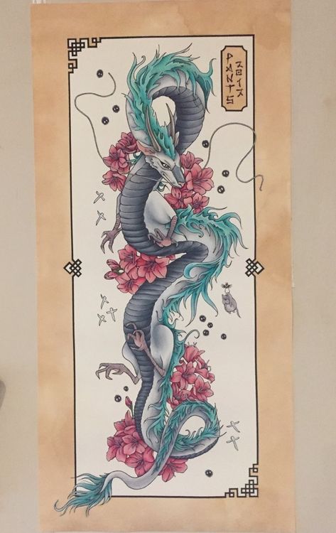 Haku from Spirited Away Art print by @sarahpantsart (IG) Haku Cherry Blossom Tattoo, Haku Painting, Haku Tattoo Design, Cherry Blossom Dragon Tattoo, Haku Studio Ghibli, Ghibli Haku, Haku Art, Haku Tattoo, Tatuaje Studio Ghibli