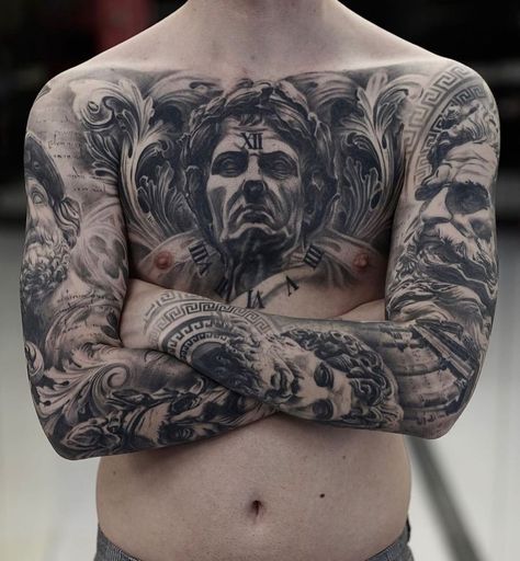 Tattoos Torso, Black And Grey Sleeve, Roman Tattoo, Gladiator Tattoo, Torso Tattoos, Full Sleeve Tattoo Design, Greek Mythology Tattoos, Chest Piece Tattoos, Mythology Tattoos