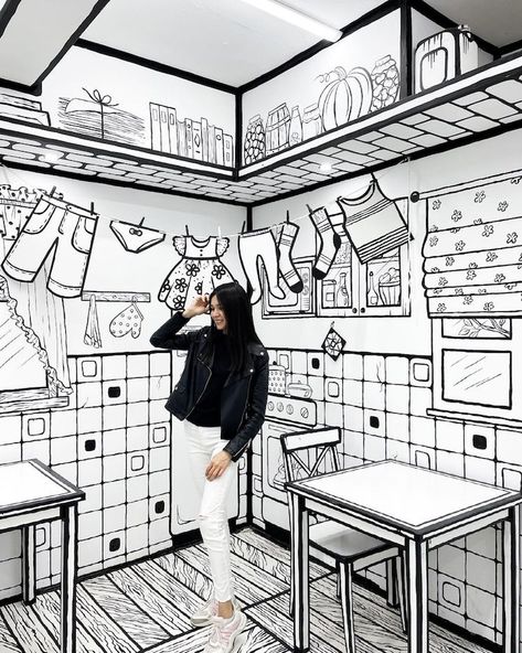 Black And White Store, Book World, Unusual Pictures, Wes Anderson Films, Drawing Interior, Black And White Cartoon, Black And White Interior, Cartoon World, Black And White Lines