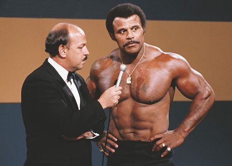 'Mean' Gene Okerlund with Rocky Johnson Rocky Johnson, Tony Atlas, Heavyweight Boxing, Wwe Legends, Rock Johnson, The Rock Dwayne Johnson, Pro Wrestler, Dwayne The Rock, Professional Wrestler