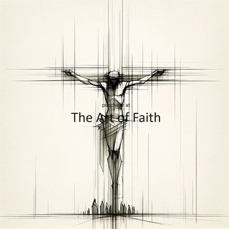 "It Is Finished" is a striking digital illustration that blends architectural precision with vivid imagery. The art piece showcases Jesus Christ on the cross, rendered in a unique sketch-style that mimics the drafting process of architectural design. This piece speaks to the intersection of the divine and the designed, of faith and form. The monochromatic color scheme and powerful image make it an ideal piece for modern interiors or as a statement piece in your home or place of worship. This digital artwork is available for purchase as a downloadable file, with the watermark removed. For personal use only. Cross Drawing Sketches Simple, Modern Jesus Art, Jesus Illustration Art, Cross Sketch, Jesus Line Art, Christian Art Painting, Jesus Sketch, Cross Artwork, Jesus Christ On The Cross