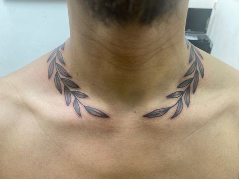 Wreath Around Neck Tattoo, Greek Laurel Tattoo, Leaves On Neck Tattoo, Leaves Around Neck Tattoo, Laurel Neck Tattoo, Olive Crown Tattoo, Greek Leaves Tattoo Neck, Neck Leaf Tattoo, Wreath Neck Tattoo