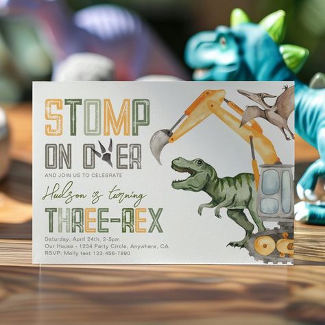 Dino Construction 3rd Birthday Invitation Dino Birthday Invitations, Dinosaur Birthday Party Ideas, Construction Birthday Invitations, Dinosaur Birthday Invitations, Birthday Party Design, 2nd Birthday Invitations, Construction Birthday Parties, Dino Birthday, Construction Party