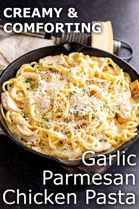 This Garlic Parmesan Chicken Pasta is a great family meal that can be on the table within 30 minutes. Tender chunks of chicken and spaghetti smothered in an irresistible creamy garlic parmesan sauce. It's a dish that screams comfort food. Pair this pasta dish with some crusty bread, a simple side salad, or veggies, and you have a delicious, easy weeknight dinner that will become a sure family favorite. Chicken And Spaghetti, Garlic Parmesan Chicken Pasta, Parmesan Chicken Pasta, Creamy Garlic Parmesan Sauce, Garlic Chicken Pasta, Garlic Parmesan Pasta, Garlic Parmesan Sauce, Chicken Spaghetti Recipes, Chicken Parmesan Pasta