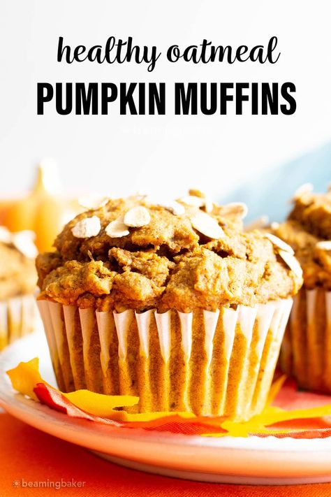 This Healthy Pumpkin Oatmeal Muffins recipe yields lightly sweet, moist pumpkin oatmeal muffins made with vegan + gluten free ingredients. #Pumpkin #Oatmeal #Muffins | Recipe at BeamingBaker.com Oatmeal Muffins Vegan, Healthy Pumpkin Oatmeal Muffins, Healthy Pumpkin Oatmeal, Pumpkin Oatmeal Muffins, Oatmeal Muffin, Delight Dessert, Oatmeal Muffin Recipes, Gluten Free Pumpkin Muffins, Dairy Free Brownies