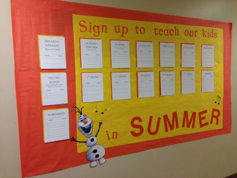 Fozen Olaf Bulletin Board. Used this for our Summer Volunteer sign ups! Love Olaf singing "in Summer!" Olaf Bulletin Board, Ministry Fair, Volunteer Board, Pta Bulletin Boards, Faith In Action, Church Foyer, Nursery Teacher, Volunteer Gifts, Volunteer Appreciation