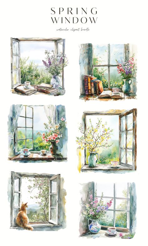 Books And Windows, Watercolor Window Painting, Watercolour Window, Window Watercolor Painting, Watercolor Window, Window Watercolor, Spring Graphics, Spring Png, Spring Scenery