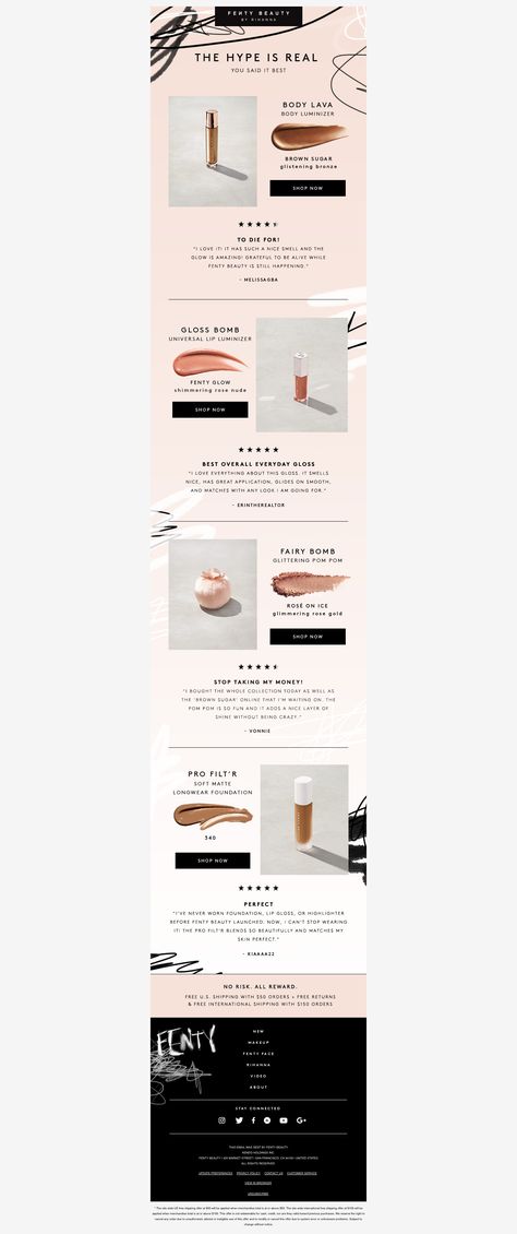 fenty product feature with reviews Beauty Newsletter Design, Review Page Design, Product Email Design Layout, Review Email Design, Skincare Email Design, Beauty Email Design, Email Blast Design, Skincare Newsletter, Email Marketing Design Layout