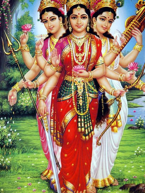 Tridevi (Trinity of Hindu Goddesses) Hindu Goddesses, Saraswati Goddess, Durga Images, Lakshmi Images, India Asia, Indian Goddess, Devi Durga, Shiva Shakti, Divine Mother