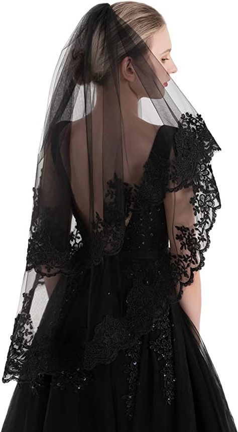 PAMOR Black Lace Veil Creative Mantilla Cathedral Tulle Sheer Wedding Halloween Veil for Bride With Comb (Black Flower) at Amazon Women’s Clothing store Black Lace Veil, Black Bridal Veil, Fingertip Length Wedding Veil, Black Wedding Veil, Color Veil, Lace Veils Bridal, Blusher Veil, Lace Veil, Black Bridal