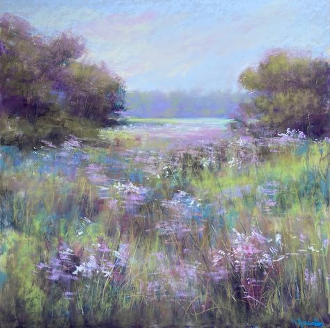 Spring Meadow by Kellie Jacobs, Pastel, 20 x 20 Widget Themes, Felted Crafts, Pastel Colors Art, Pastel Butterflies, Spring Meadow, Pastel Sec, Pastel Artwork, Pastel Landscape, Summer Painting