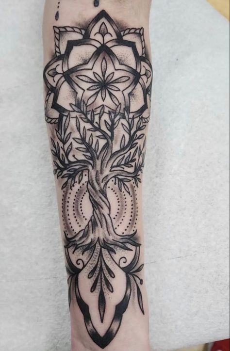 Traditional Mandala Tattoo, Tree Of Life Mandala, Mandala Tree, Traditional Mandala, Bali Tattoo, Tree Of Life Tattoo, Mandala Tattoo, Tattoo Idea, Arm Sleeve