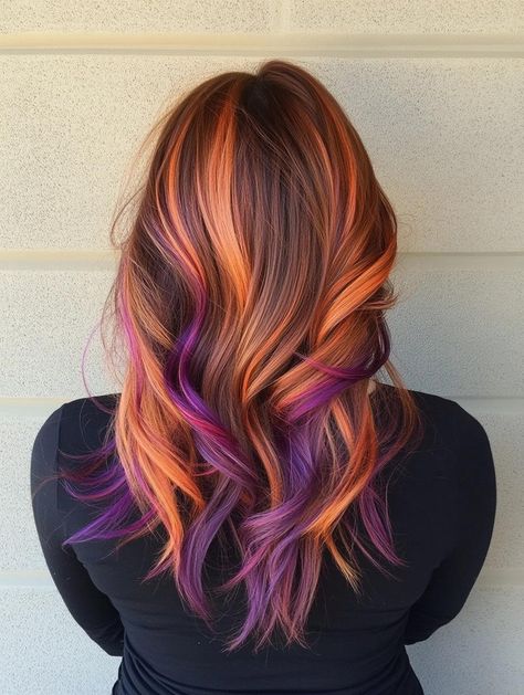 Fall Sunset Hair Color, Copper And Rainbow Hair, Fall Fantasy Hair Color, Warm Color Hair, Color Highlights In Brown Hair, Orange And Purple Hair, Fashion Hair Color Ideas, Fall Vivid Hair Color, Halloween Hair Color Ideas