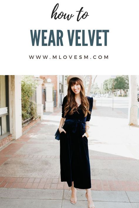 I'm sharing my favorite ways to wear velvet this fall and winter! Velvet is the perfect party look. How cute is this navy blue velvet jumpsuit? I also love velvet shoes, velvet tops, and velvet pants. All the velvet clothes please! Black Velvet Dress Outfit, Velvet Dresses Outfit, Black Velvet Shirt, Christmas Hairstyle, Black Velvet Midi Dress, Navy Velvet Dress, Black Velvet Jumpsuit, Trendy Party Outfits, Winter Party Outfit