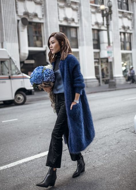 Why Navy Blue Fur Coat Outfit, Navy Blue Pants Outfit, Jenny Tsang, Blue Fur Coat, Fur Coat Outfit, Boot Cut Pants, Fuzzy Cardigan, Winter Lookbook, Coat Outfit