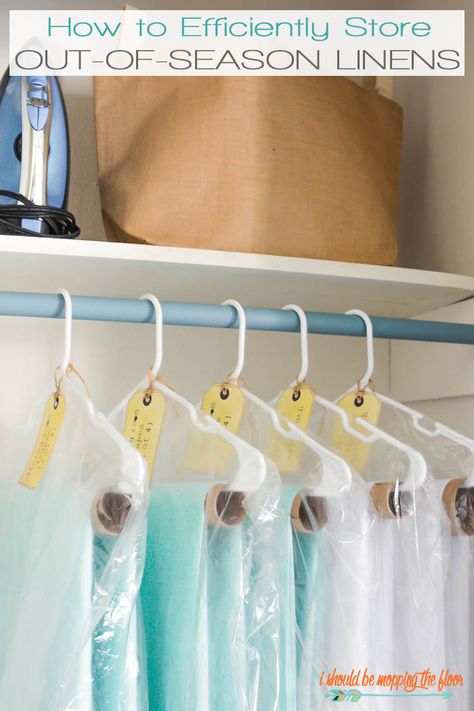 How to Store Linens | Put away seasonal linens so they're ready to go when you need them again next year. Includes free printable labels. Organizing Table Linens, How To Store Linens, Tablecloth Storage Ideas, How To Store Table Linens, Tablecloth Storage, Dish Pantry, Party Pantry, Storing Linens, Storing Dishes