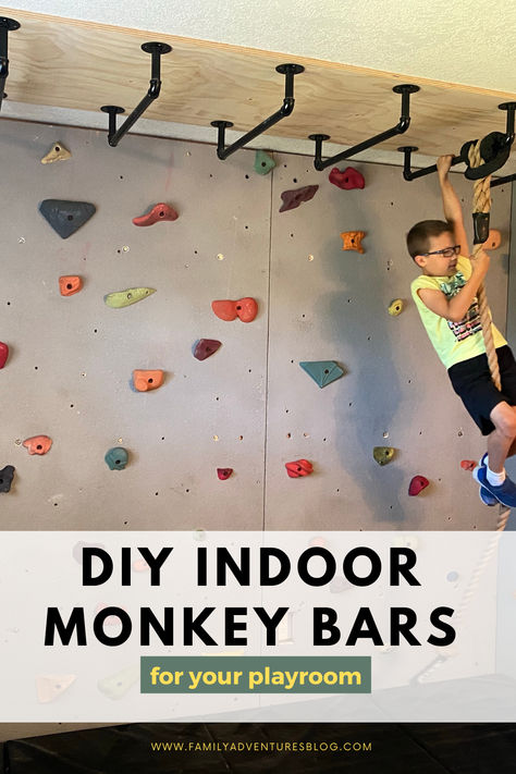 Basement Monkey Bars Diy, Indoor Playground Home Diy, Monkey Bar Playroom, Monkey Bars In Playroom, Bedroom Monkey Bars, Indoor Playground Playroom, Ceiling Monkey Bars, Kids Basement Bedroom, Indoor Kids Gym Playroom