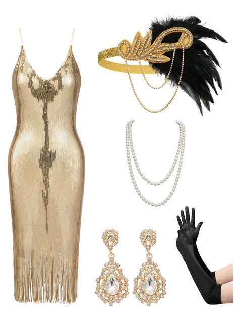 PRICES MAY VARY. Stretchy Material: This Great Gatsby Dress is Crafted from Sequins & Sequin Tassels. 1920s Flapper Dresses Size: S = US 2-4, M = US 6-8, L = US 10-12, XL = US 12-14, Please Check the Size Chart in The Production Description Picture Harlem Nights Dresses Features: Deep V Neck, Adjustable Straps, Backless, Bobycon Fitted Style, Sleeveless, Elastice, Elegant 1920s Flapper Dress, Zipper Closure in the Back 8 Pcs Great Gatsby Outfits for Women: 1x 20s Dresses, 1 x Flapper Headband, 1 Great Gatsby Outfits For Women, Great Gatsby Party Outfit Women, Gatsby Outfits, Gatsby Halloween, Great Gatsby Outfits, Gatsby Outfit, Roaring 20s Dresses, 1920s Aesthetic, Roaring 20s Fashion