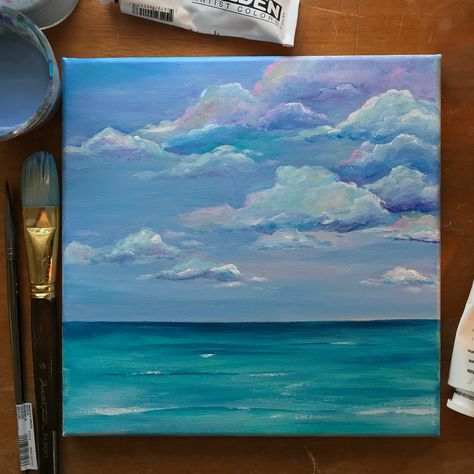 10”x10” acrylic on canvas seascape, cloud painting. Aesthetic Pictures To Paint On Canvas, 10x10 Painting Ideas, 10x10 Canvas Painting, Painting Ideas On Canvas Clouds, Cloud Painting Aesthetic, Painting Ideas Clouds, Cloud Painting Ideas, Painting Ideas On Canvas Blue, Painting Ideas On Canvas Nature