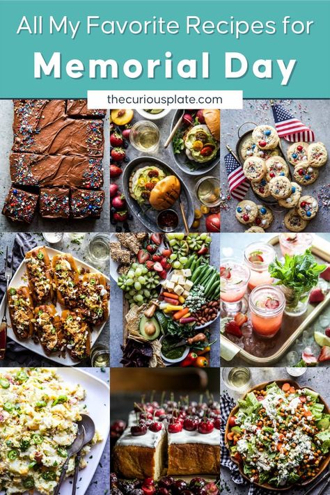 Over 45 Easy Memorial Day Recipes is a collection of simple recipes to make for Memorial Day! From scrumptious appetizers to tasty grilling mains to refreshing cocktails, and decadent desserts. These Memorial Day recipes are fun, easy to make, and will get you excited for backyard gatherings! Pop over to my site for the recipe! | memorial day food | grilling recipes | summer recipes | Memorial Day Foods, Holiday Eating, Easy Summer Meals, Seasonal Ingredients, Entertaining Recipes, Recipe Roundup, Seasonal Recipes, Refreshing Cocktails, Side Recipes