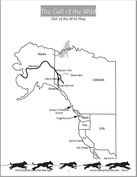 The Call of the Wild Map traces Buck's journey from his home in California, up the west coast, to the Yukon, and into the wilds of Canada. Call Of The Wild Activities, Literature Unit Studies, Lapbook Ideas, Novel Activities, Homeschool Hacks, Dog Sled, Wild Book, The Call Of The Wild, Literary Elements