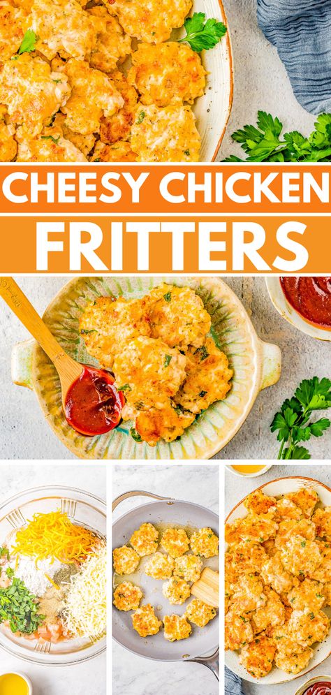 Cheesy Chicken Fritters, Chicken Fritters Recipe, Chicken Fritters, Healthy Orange Chicken, Chicken Mozzarella, Averie Cooks, Chicken Appetizers, Slider Buns, Chicken Patties