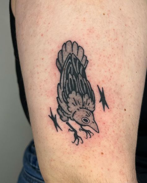 Abby! | Flash rework crow 🐦‍⬛ for Laine :) thank you v much! . . . . #torontotattoo #torontotattooartist #qttr | Instagram Mole Animal Tattoo, Crow Tattoo Leg, Simple Cover Up Tattoos Men, Woodcut Crow Tattoo, Two Headed Crow Tattoo, Crow Tattoo Linework, Wind In The Willows Tattoo, Pileated Woodpecker Tattoo, Canada Goose Tattoo