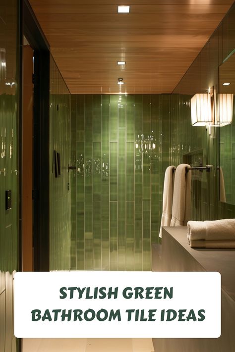 Modern bathroom showcasing glossy green tiles with wood accents and elegant lighting fixtures. Wood And Green Bathroom Ideas, Green Bath Tile Ideas, Green Bathrooms Aesthetic, Green And Chrome Bathroom, Green Vertical Tile Bathroom, Green Subway Tile Bathroom, Green Tile Bathroom Floor, Tan Tile Bathroom, Green Bathroom Tile Ideas