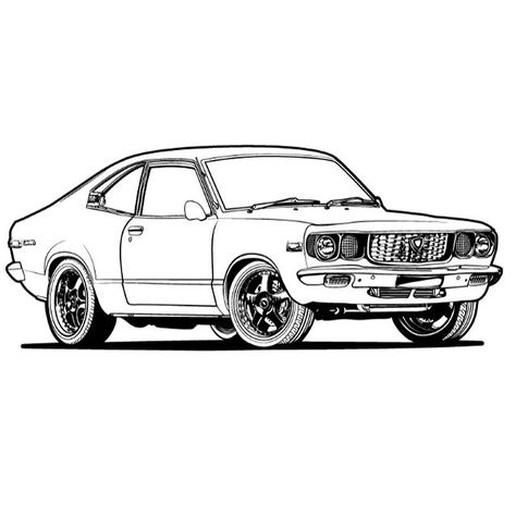 101 Squadron’s Instagram post: “Our Mazda RX3 drawing for the upcoming colouring book. It could never be complete without some classic rotary cars in there! #colouringbook…” Mazda Rx3, Cars Coloring, Automotive Artwork, Car Vector, Cars Coloring Pages, Artist Logo, Mazda Rx7, Car Sketch, Car Drawings