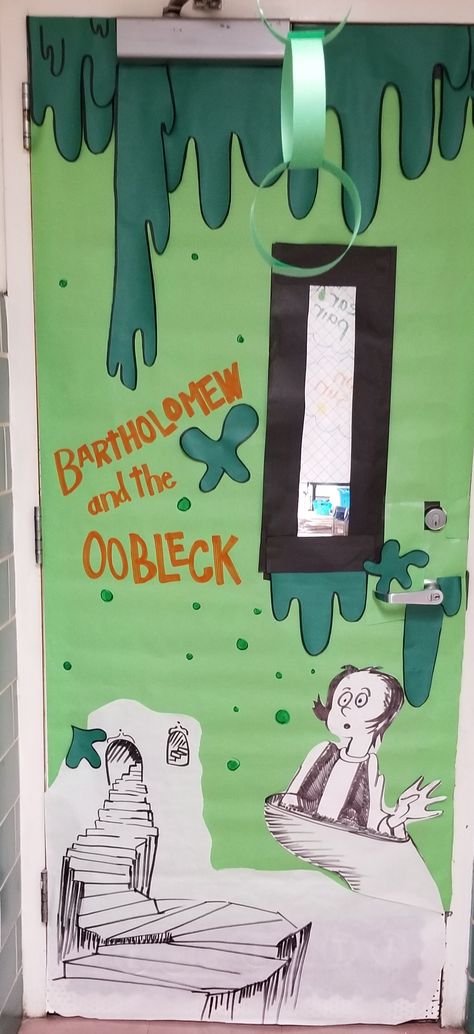 Dr.Seuss Week Door Decorations Bartholomew and the Oobleck Elementary Dr Suess Classroom Door, Doctor Suess Classroom, Bartholomew And The Oobleck, Reading Night, Dr Seuss Week, Door Decorating, Dr Suess, Classroom Door, Easter Cards