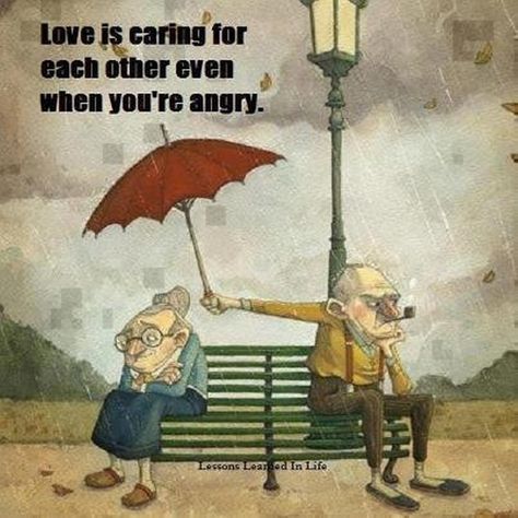 Love is caring for each other even when you're angry.  Old man and woman with umbrella on park bench. Sanna Ord, Vieux Couples, Relationship Things, Happy Happy Happy, Siluete Umane, Stop Caring, Humor Grafico, 웃긴 사진, E Card