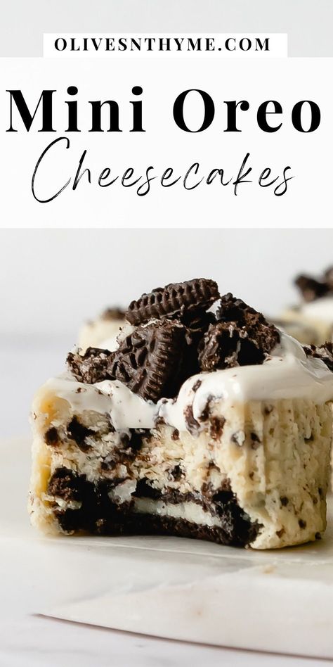 These Mini Oreo Cheesecakes are a super quick and easy cheesecake dessert. They’re made with an Oreo cookie bottom, a creamy Oreo cheesecake filling and are topped with sweetened sour cream and more Oreo cookies. Oreo Cream Cheese Recipes, Christmas Mini Cheesecakes, Oreo Mini Cheesecake, Mini Oreo Cheesecake Bites, Quick And Easy Cheesecake, Oreo Cheesecake Cups, Oreo Cheesecake Filling, Oreo Cheesecake Cupcakes, Sour Cream Cheesecake