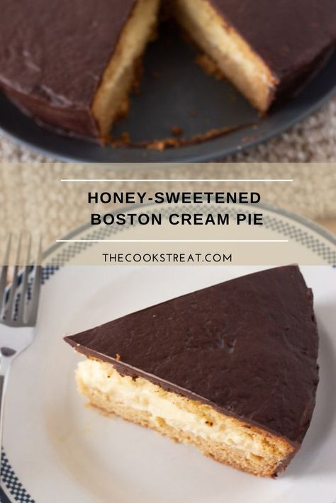 This honey-sweetened Boston cream pie beats all. A honey-sweetened cake filled with vanilla pudding and topped with a chocolate glaze. #TheCooksTreat #HoneySweetened #BostonCreamPie #Desserts Healthy Boston Cream Pie, Honey Sweetened Cake, Honey Sweetened Desserts, Qi Stagnation, Naturally Sweetened Desserts, Whole Food Desserts, Sugar Free Honey, Honey Dessert, Scratch Cooking