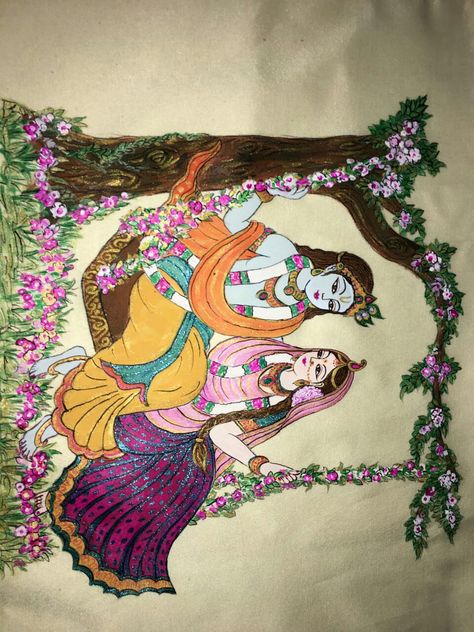 Radha Krishna Rangoli Designs Latest, Radhe Krishna Rangoli Designs, Blouse Painting, Color Art Lessons, Saree Painting Designs, Saree Painting, Fabric Painting Techniques, Fabric Painting On Clothes, Fabric Paint Designs