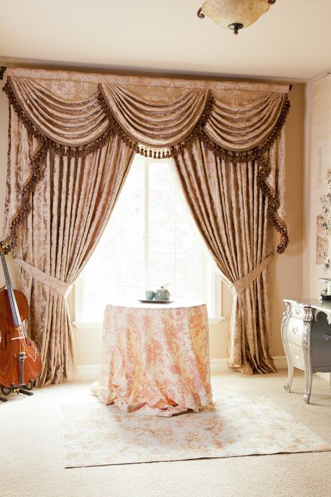 Baroque Floral, Valance curtains with swags and tails - traditional - curtains - seattle - Celuce Luxury Window Treatments, Fancy Curtains, Swags And Tails, Sewing Curtains, Satin Curtains, Traditional Curtains, Classic Curtains, Luxury Windows, Swag Curtains