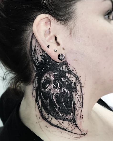 Skull and spider neck tattoo - blackwork tattoo Skull Side Neck Tattoo, Scary Neck Tattoos, Spooky Neck Tattoo, Horror Throat Tattoo, Spider Skull Tattoo, Blackwork Neck Tattoo, Spider Neck Tattoo, Skull Spider Tattoo Design, Horror Spider Tattoo