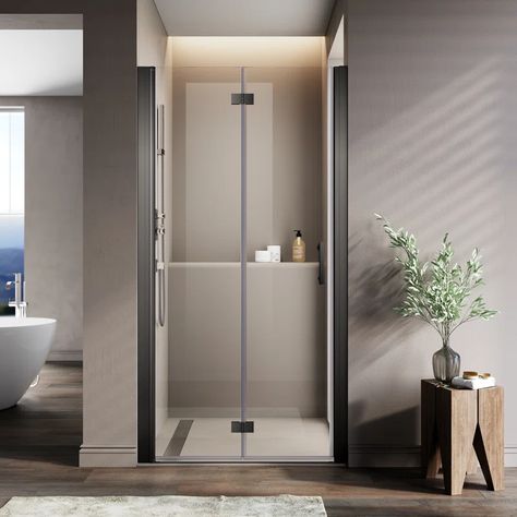 VTI 28.5'' - 30'' W x 72'' H Bi-Fold Semi-Frameless Shower Door with Clear Glass | Wayfair Bifold Glass Shower Door, Coastal Shower Doors, Shower Door Seal, Shower Door Designs, Bifold Shower Door, Semi Frameless Shower Doors, Framed Shower Door, Glass Shower Doors Frameless, Open Showers