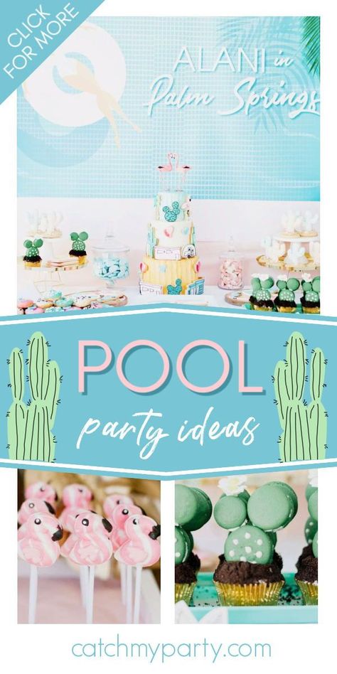 Don't miss this gorgeous Palm Springs-themed pool party! The flamingo cake pops are fabulous! See more party ideas and share yours at CatchMyParty.com Palm Springs Birthday Theme, Palm Springs Birthday Party, Palm Springs Themed Party, Palm Springs Party Theme, Palm Springs Pool Party, Retro Pool Parties, Pool Party Cake, 50th Birthday Party Themes, Spring Theme Party