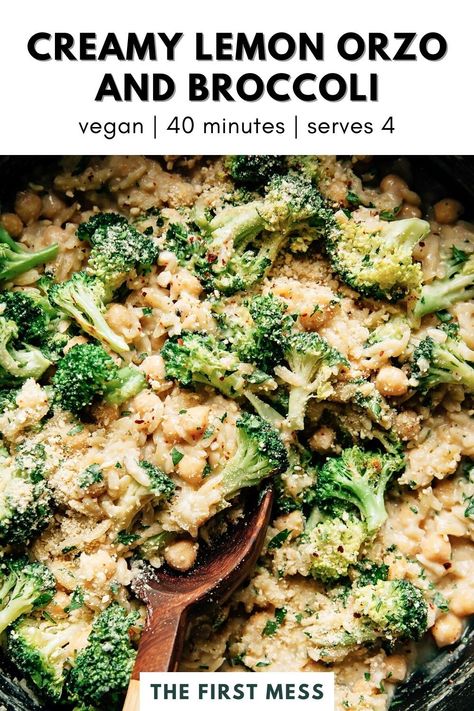 Orzo And Broccoli Recipe, Vegan Orzo Recipes, Orzo With Broccoli, Chickpeas And Broccoli, Brócoli Recipes, Creamy Lemon Orzo, Vegan Orzo, Vegan Gluten Free Dinner, Broccoli Lemon