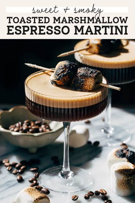 Why make a regular espresso martini when you can have a toasted marshmallow espresso martini?? This delicious cocktail is made with marshmallow vodka and homemade toasted marshmallow syrup. It's sweet, toasty, and so so good. #espressomartini #toastedmarshmallow #butternutbakery | butternutbakeryblog.com Toasted Marshmallow Syrup, Marshmallow Syrup, Marshmallow Vodka, Butternut Bakery, Whipped Cream Vodka, Winter Cocktails Recipes, Espresso Martini Recipe, Hot Cocktails, Candle Cookies