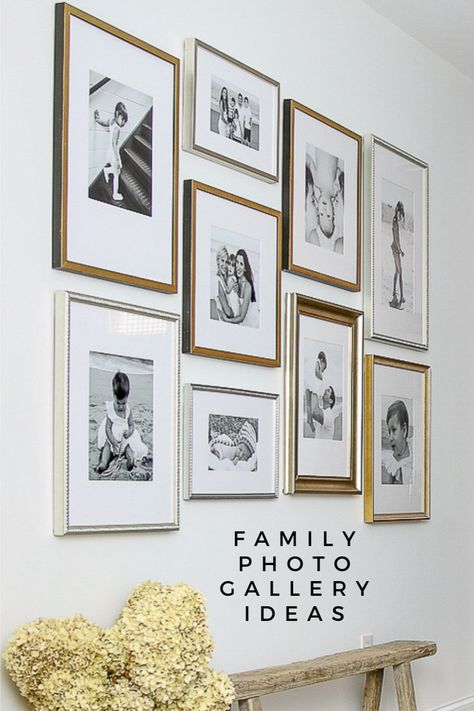 photo gallery wall with black and white family photos Kitchen Wall Decor Ideas Pictures Family Photos, Photo Wall With Large Center Photo, Dining Room Decor Photo Wall, How Display Family Photos, Home Decor Ideas Living Room Wall Family Photos, Accent Picture Frame Wall, Classy Gallery Wall Ideas, Modern Gallery Wall Dining Room, How To Display Family Photos On Wall Above Couch