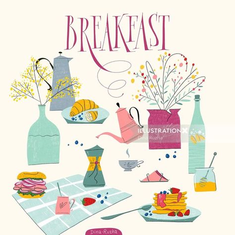 Breakfast Art Illustration, Breakfast Bbq, Illustration Breakfast, Breakfast Illustration, Homesick Texan, Hotel Breakfast, Juice Packaging, Map Skills, Holiday Cups