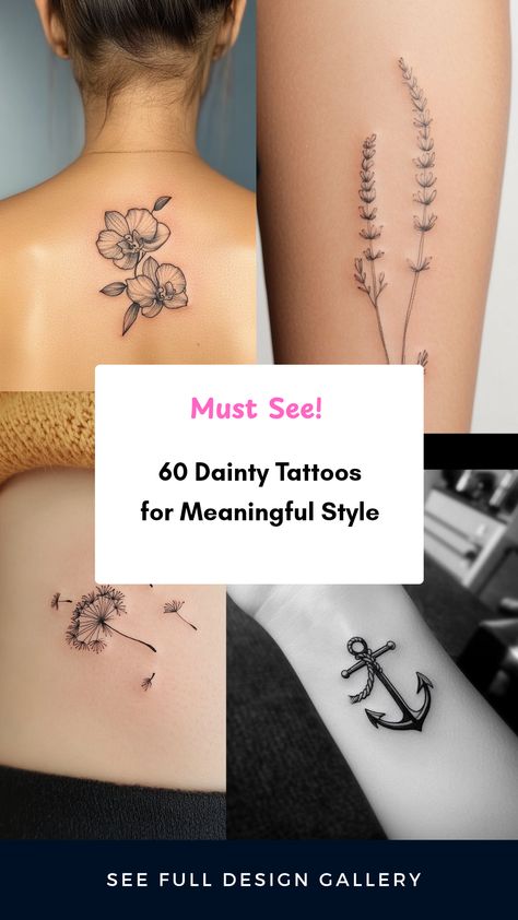 Looking for a subtle way to express yourself? Check out these 60 dainty tattoo designs that are both meaningful and stylish! Each tattoo is designed specifically for women, showcasing elegance and personal charm. From delicate flowers to minimalist symbols, you'll find the perfect tattoo that resonates with your personality and style. These stylish designs are perfect if you're eager to make a statement with simplicity. Explore these charming designs and discover the artistry behind each one, adding a touch of elegance to your skin. Dainty Tattoo Designs, Tattoos Dainty, Minimalist Symbols, Dainty Tattoo, Free Tattoo Designs, Perfect Tattoo, Small Flower Tattoos, Geometric Tattoo Design, Large Tattoos