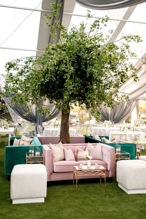 Reception Seating Area, Black Tie Garden Party, Wedding Lounge Seating, Woodbine Mansion, Pink Wedding Receptions, White Wedding Arch, Wedding Lounge, Austin Wedding Venues, Lounge Party