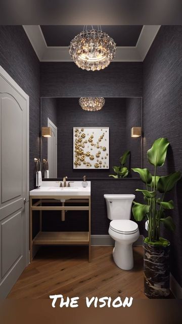 April Gandy on Instagram: "Happy New Year Tuesday! I wanted to share this beautiful powder room we completed. Sometimes it takes a while to get through the entire process but when you reach the finish line it's always so worth it! If you have a powder room that needs an upgrade, let's get to work! Rendering by @duke.renders Wallcovering @phillipjeffriesltd #tipoftheweek #tipstuesday #interiordesigntips #blackownedbusiness #smallbusinessowner #homeoffice #roommakeover #renovation #kitchenrenovation #kitchenremodel #kitchengoals #diningroommakeover #diningroomgoals #bathroomrenovation #bathroomremodel #bathroomgoals #livingroommakeover #livingroomgoals #glamroommakeover #familyroommakeover #interiordesign #interiordesigner #blackinteriordesigner #chicagointeriordesigner #chicagointerio Powder Room Moody, Moody Bathrooms, Moody Powder Room, Black Powder Room, Beautiful Powder Rooms, Luxury Powder Room, Moody Bathroom, Luxury Powder, Powder Room Remodel