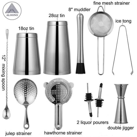 Cocktail Mixer Set, Shaker Bar, Boston Shaker, Bartender Kit, Bar Utensils, Bartender Tools, Ice Tongs, Fine Mesh Strainer, Cocktail Shaker Set