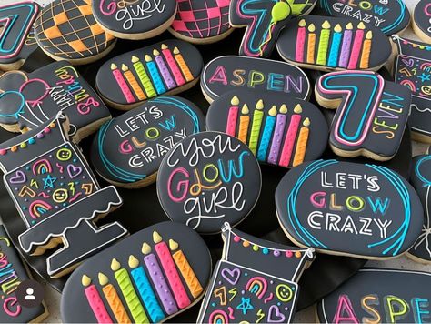 Glow In The Dark Cookies Decorated, Neon Birthday Cookies, Neon Royal Icing Cookies, Neon Birthday Cookies Decorated, Neon Sugar Cookies, Neon Sign Cookies, Let’s Glow Crazy Birthday Cake, Neon Sweet 16, Dance Party Birthday